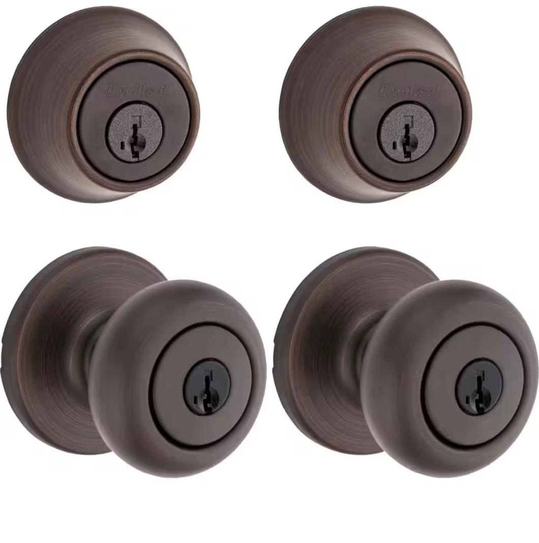 Cove Venetian Bronze Keyed Entry Door Knob and Single Cylinder Deadbolt Project Pack featuring SmartKey and Microban