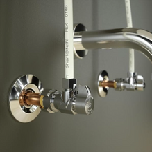 Load image into Gallery viewer, 1/2 in. Push-to-Connect x 3/8 in. O.D. Compression Chrome-Plated Brass Quarter-Turn Angle Stop Valve
